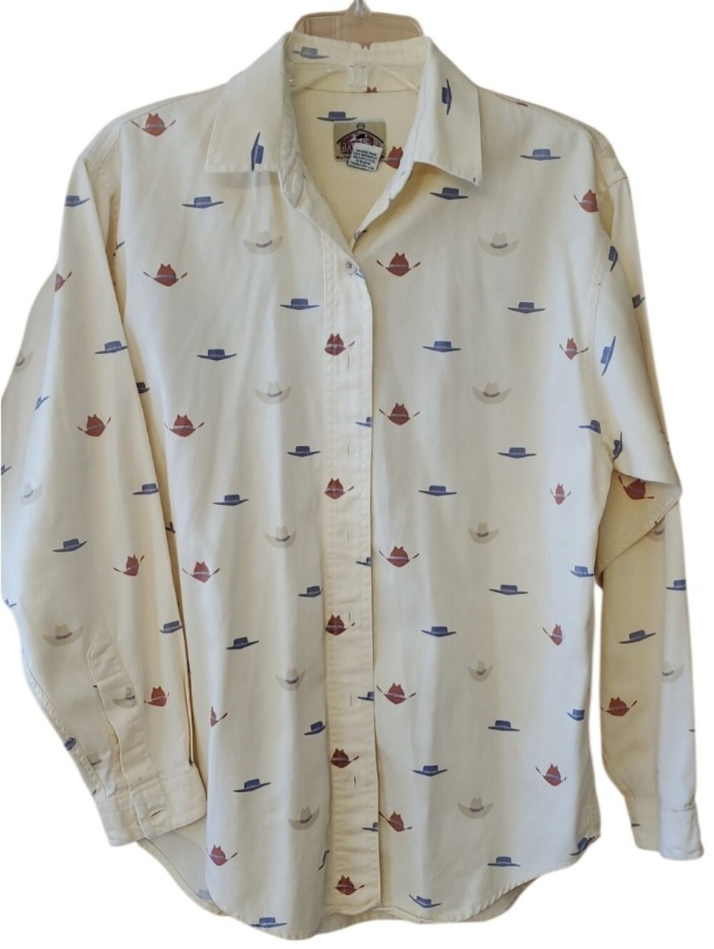 Barn Fly Womans Cream Button-Down Shirt with Blue and Rust Hat Print Size Small
